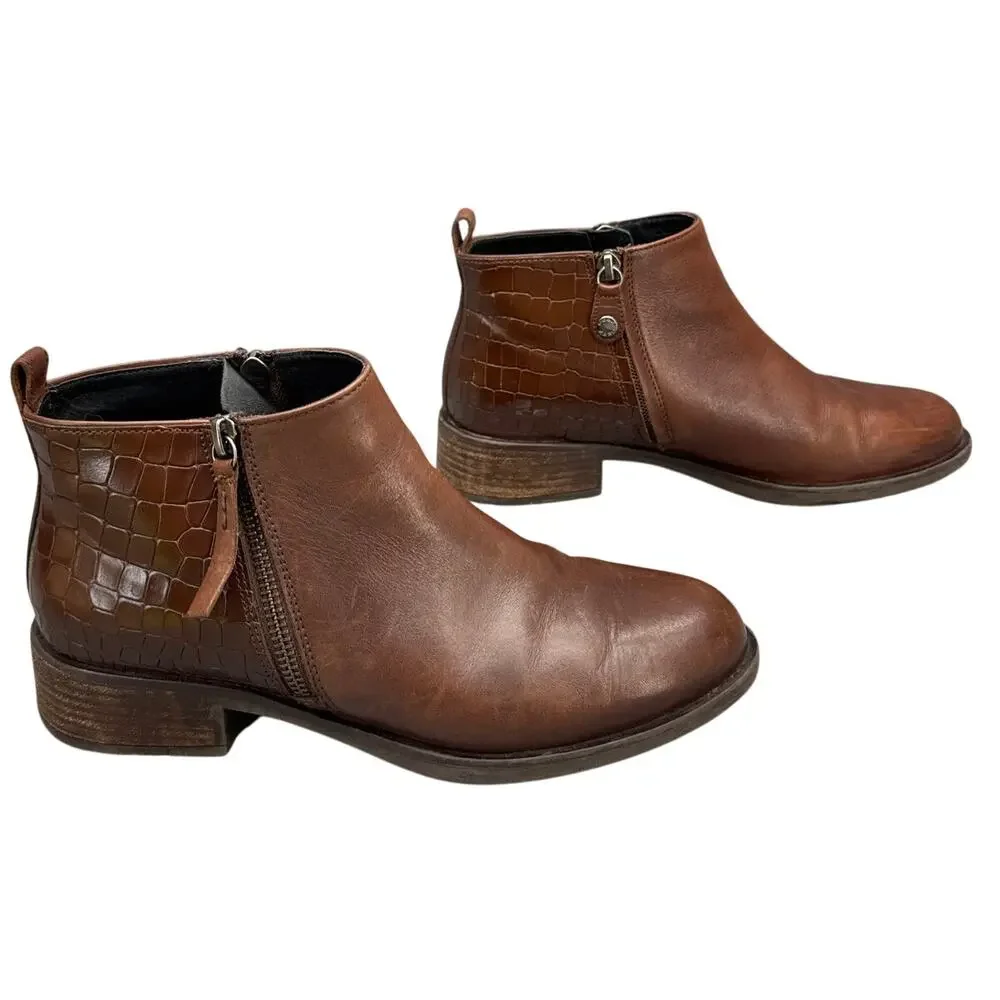 Geox D Resia C Brown Leather Croc Embossed Block Heel Ankle Boot Women 38/7.5-8